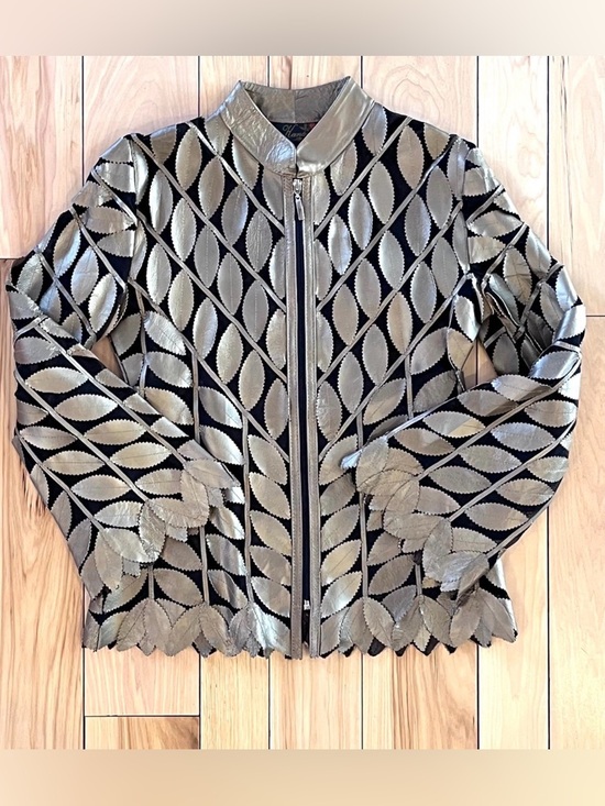 KANAR Jackets & Blazers - KANAR Metallic Gold Leather & Mesh Leaf Pattern Zip Jacket Sz Small made Turkey